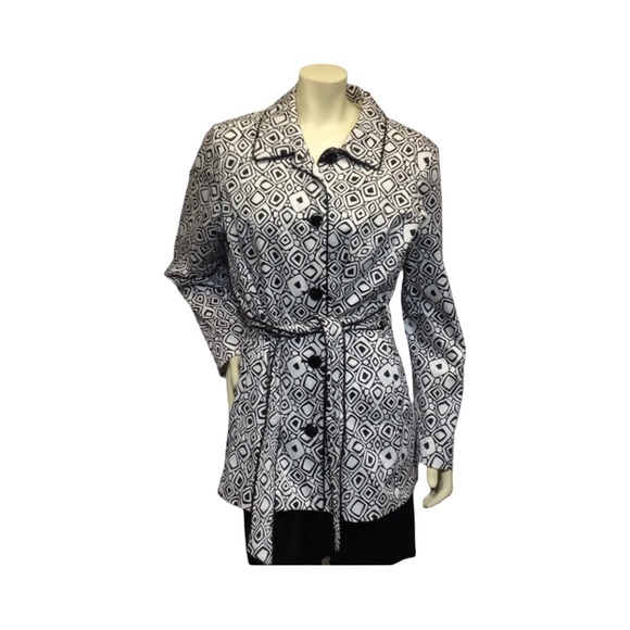 AGB Womens Black White Geometric Print Button Front Tie Waist Jacket Size 16 - Picture 1 of 8